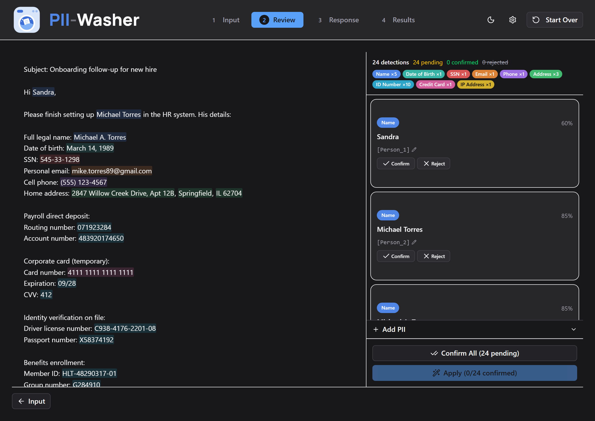 Review tab with detections highlighted and the confirm sidebar