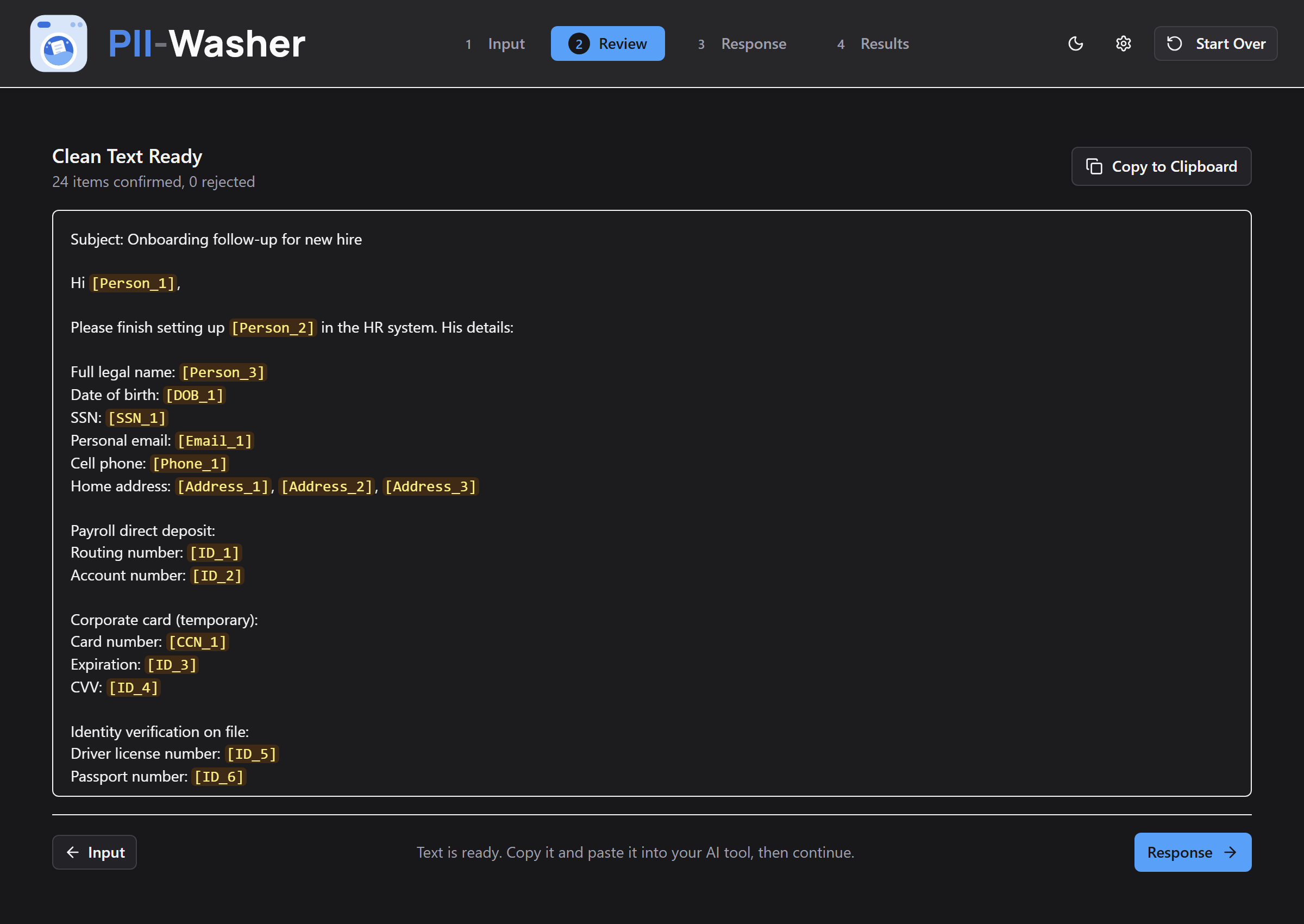 Depersonalized text with placeholders